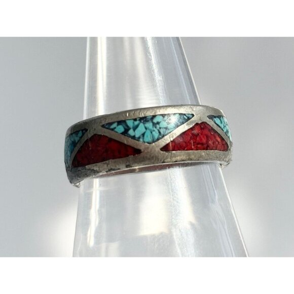 Vintage Turquoise & Red Stone Inlaid Geometric Navajo Style Band Ring - sz 9.25 - Picture 2 of 7